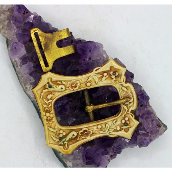 Antique Brass and Celluloid Bird and Floral Sash Belt Buckle